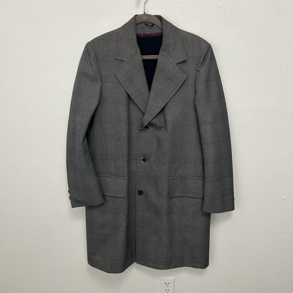 VTG 70s Travelknit Gray Glen Plaid Overcoat Size 38 Tall Business Old Money Rare